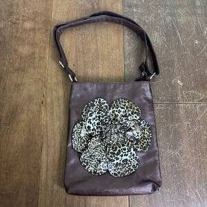 Boutique to U Faux Leather Leopard Print Floral Applique Adjustable Shoulder Bag